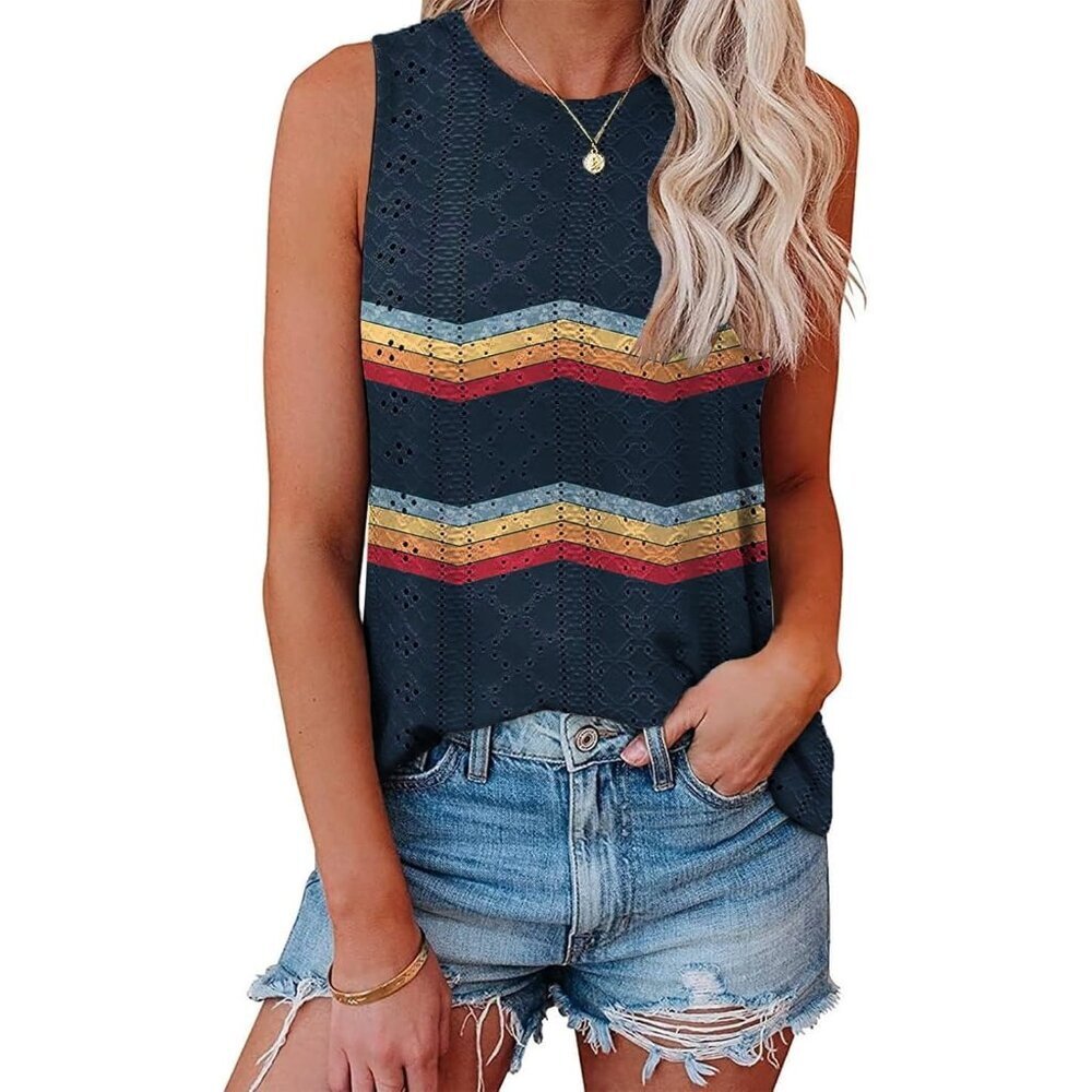 🆕Women  Black Polyester Eyelet Embroidery Crewneck Sleeveless Tunic Top Casual
